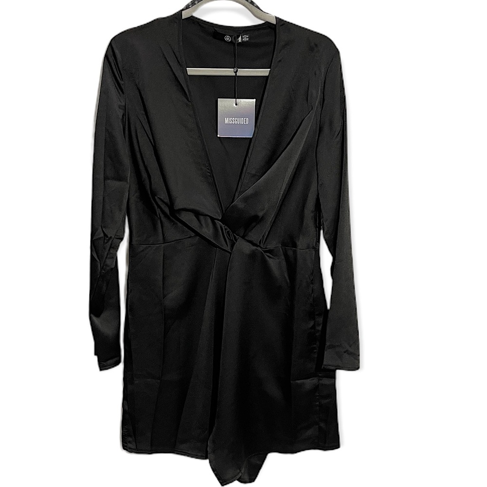 NEW MISSGUIDED Satin Long Sleeve Black Mini Dress 10